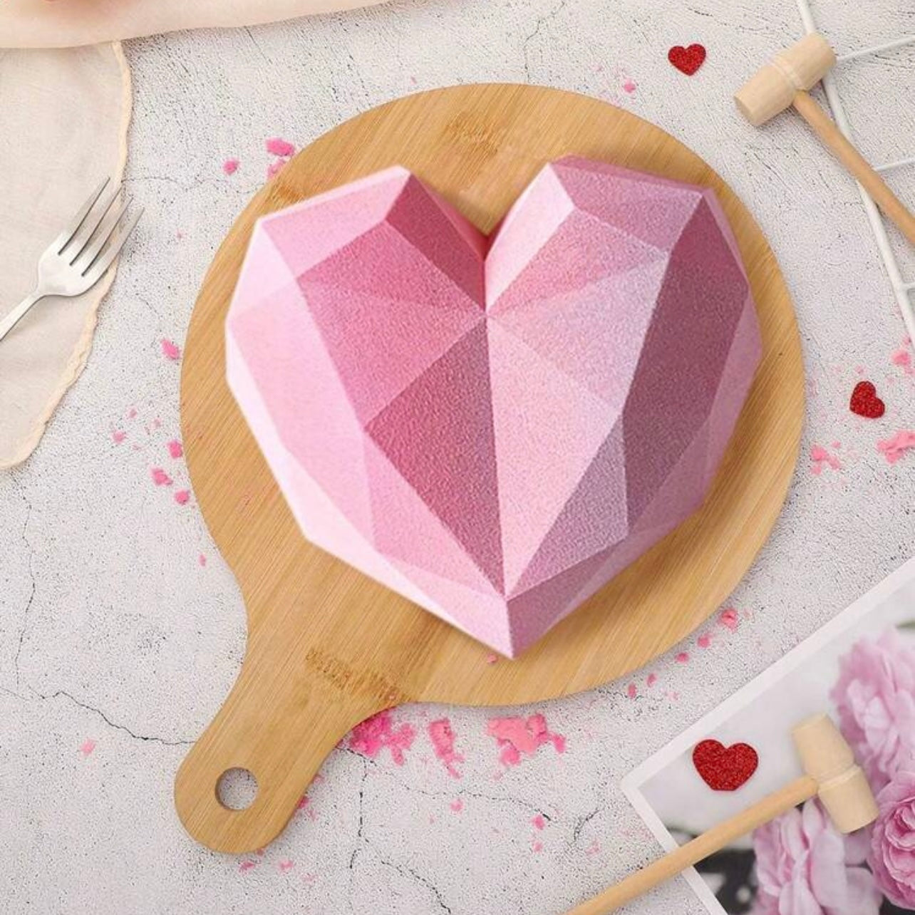 7.8” Chocolate Diamond Heart Silicone Molds With 1 Mini Wooden Hammer #SM1657