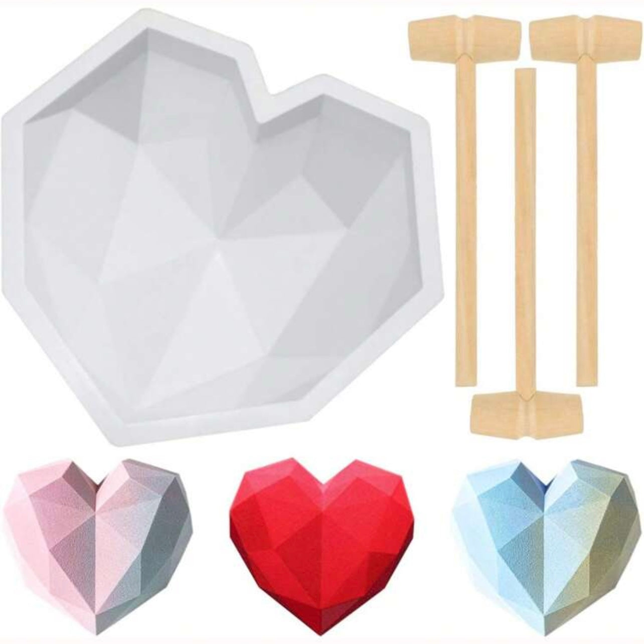 7.8” Chocolate Diamond Heart Silicone Molds With 1 Mini Wooden Hammer #SM1657