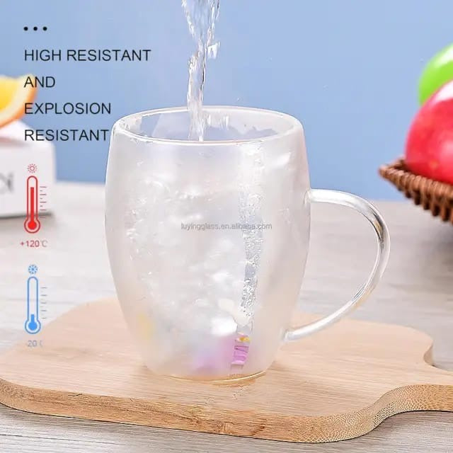 Double Walled Glass Feather Design Cup, High Borosilicate Double Layer Glass Cup For Breakfast Milk Coffee, Drinking Cup For Home #GC1450