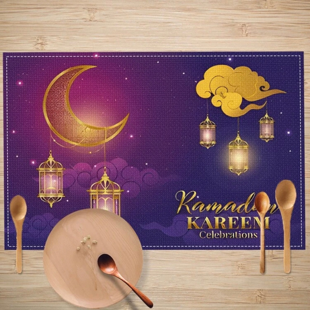 Ramadan Series Purple Star & Moon Pattern Polyester Linen Placemats #RP1845