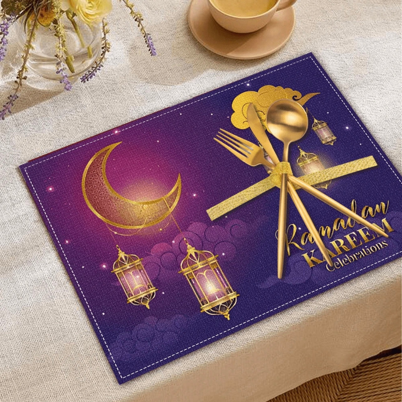 Ramadan Series Purple Star & Moon Pattern Polyester Linen Placemats #RP1845