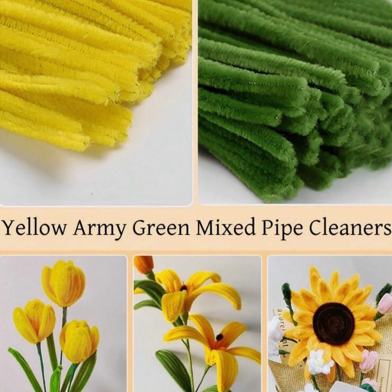 100pcs Yellow Army Green Mixed Pipe Cleaners - 30cm x 6mm #CS1799