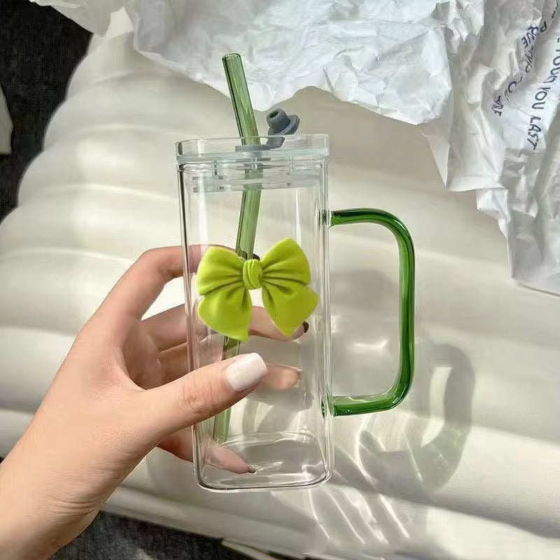 Glass Cup With Glass Lid and Straw With Handle #GC2020