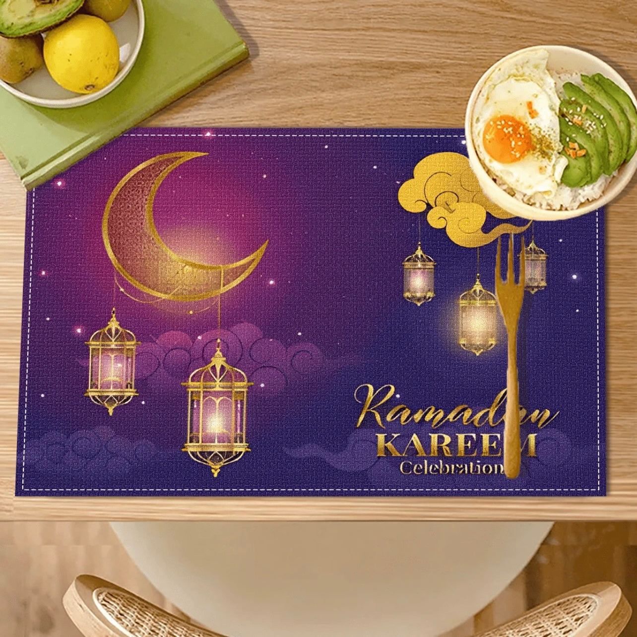 Ramadan Series Purple Star & Moon Pattern Polyester Linen Placemats #RP1845